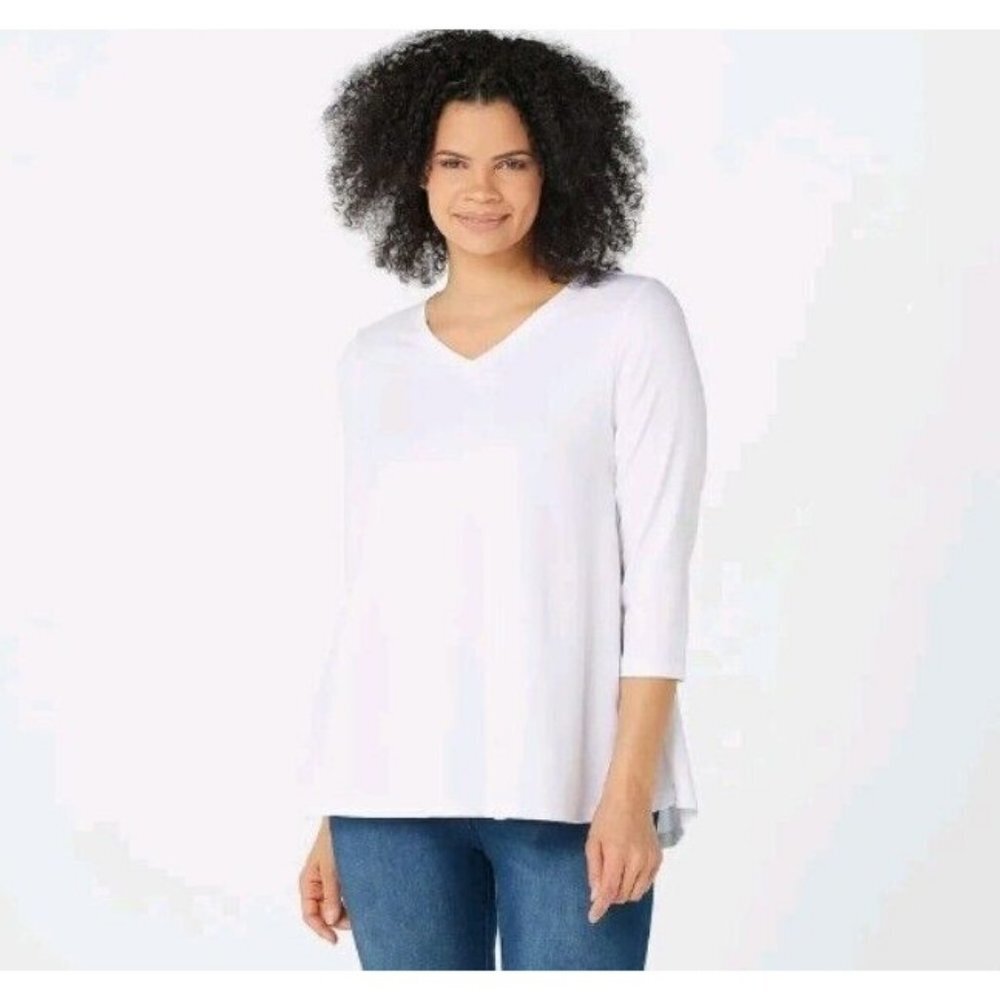 Denim & Co. Essentials Jersey V-Neck 3/4 Sleeve Top White.X-Large